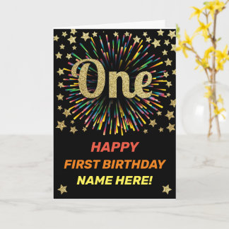 Happy First Birthday Black & Gold Rainbow Firework Card