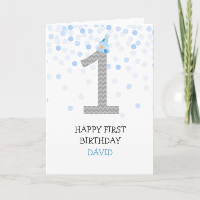Happy First Birthday Boy Blue Confetti Chevron Card (Front)