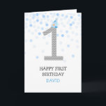 Happy First Birthday Boy Blue Confetti Chevron Card<br><div class="desc">Happy First Birthday Boy Blue Confetti Chevron</div>