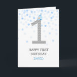 Happy First Birthday Boy Blue Confetti Chevron Card<br><div class="desc">Happy First Birthday Boy Blue Confetti Chevron</div>