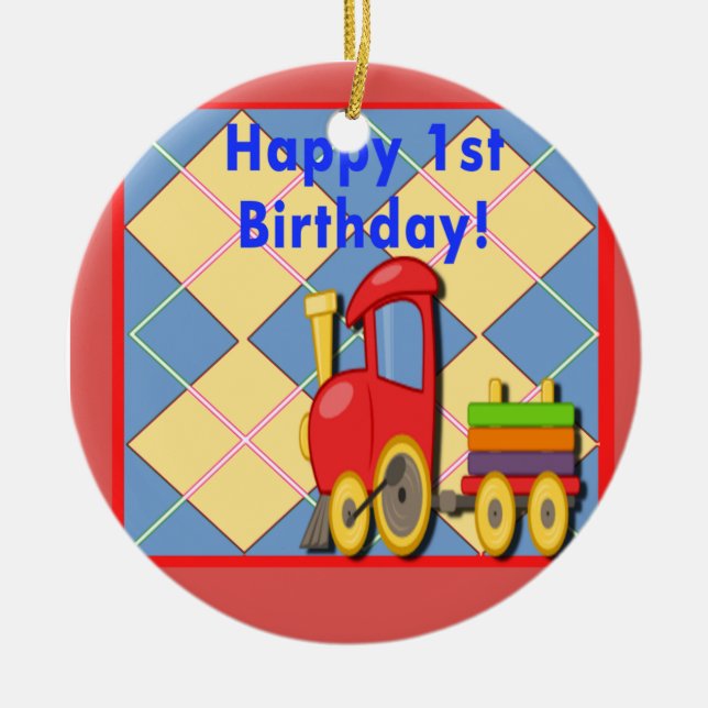 Happy First Birthday Choo Choo Train Ceramic Tree Decoration (Front)