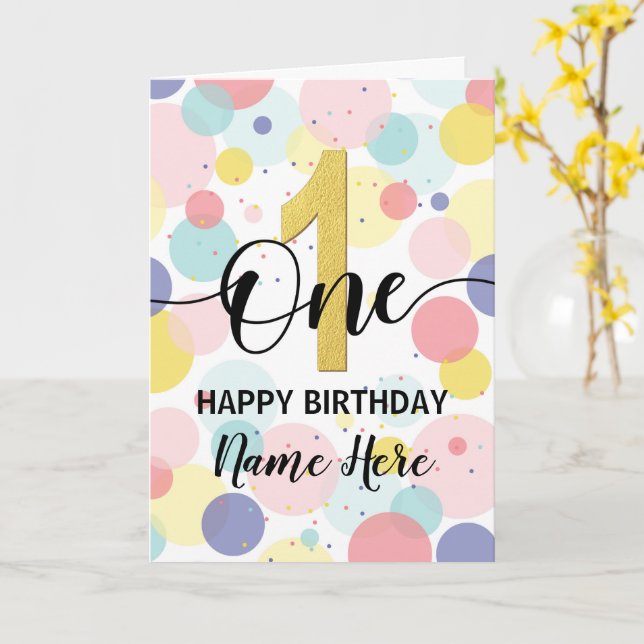 Happy First Birthday Pastel Rainbow and Gold Girl Card (Yellow Flower)