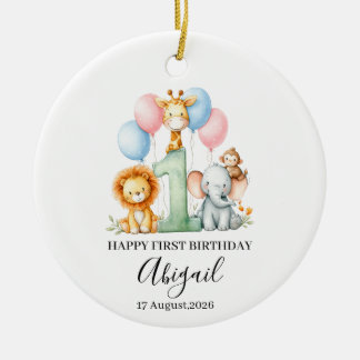 Happy First Birthday Safari Animal Custom Name Art Ceramic Tree Decoration