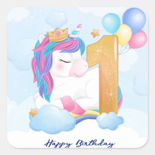 Happy First Birthday Unicorn Square Sticker