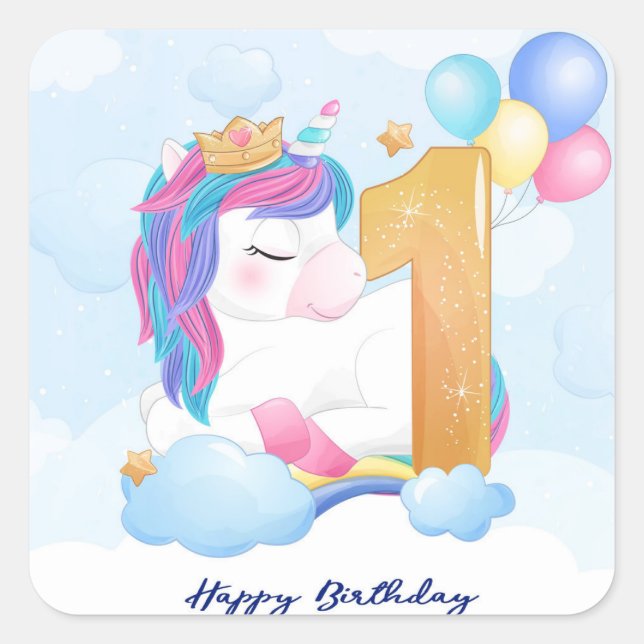 Happy First Birthday Unicorn Square Sticker (Front)