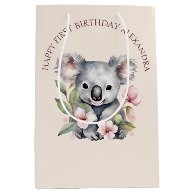 Happy First Birthday Watercolor Koala Medium Gift Bag (Front)