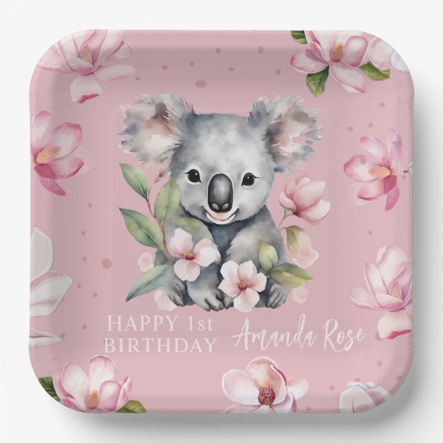 Happy First Birthday Watercolor Koala Paper Plate (Front)