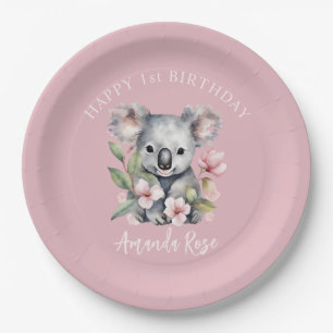 Happy First Birthday Watercolor Koala Paper Plate