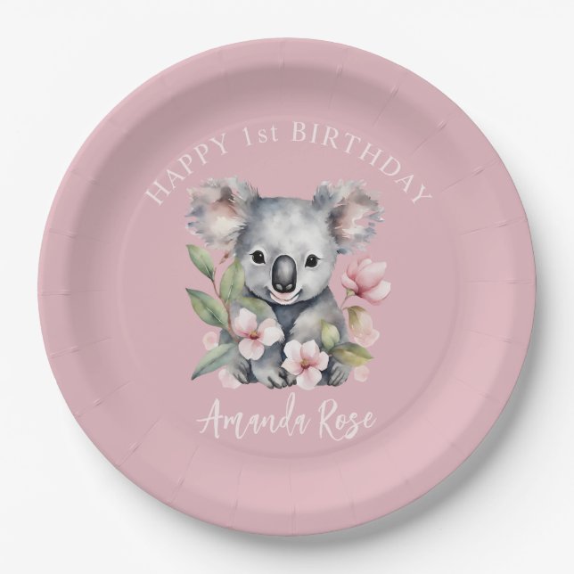 Happy First Birthday Watercolor Koala Paper Plate (Front)