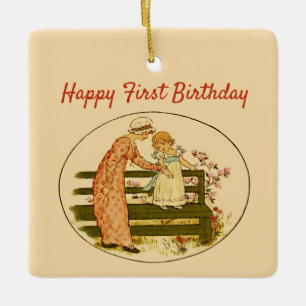 Happy First Birthday with Sweet Toddler and Mother Ceramic Ornament