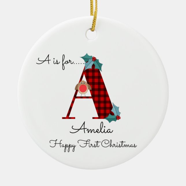 Happy first Christmas A lumberjack robin tree Ceramic Tree Decoration (Front)