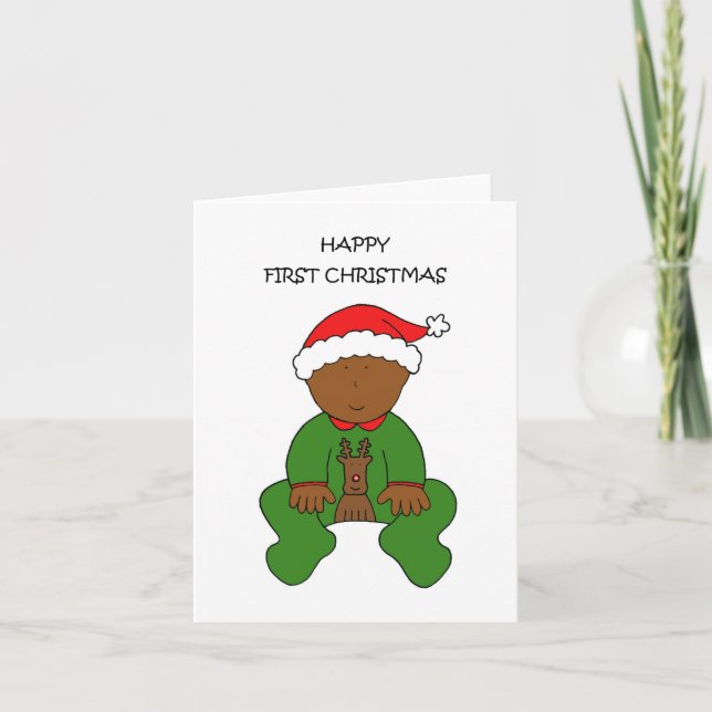Happy First Christmas African American Baby Holiday Card (Front)