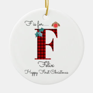 Happy first Christmas F lumberjack robin tree Ceramic Tree Decoration
