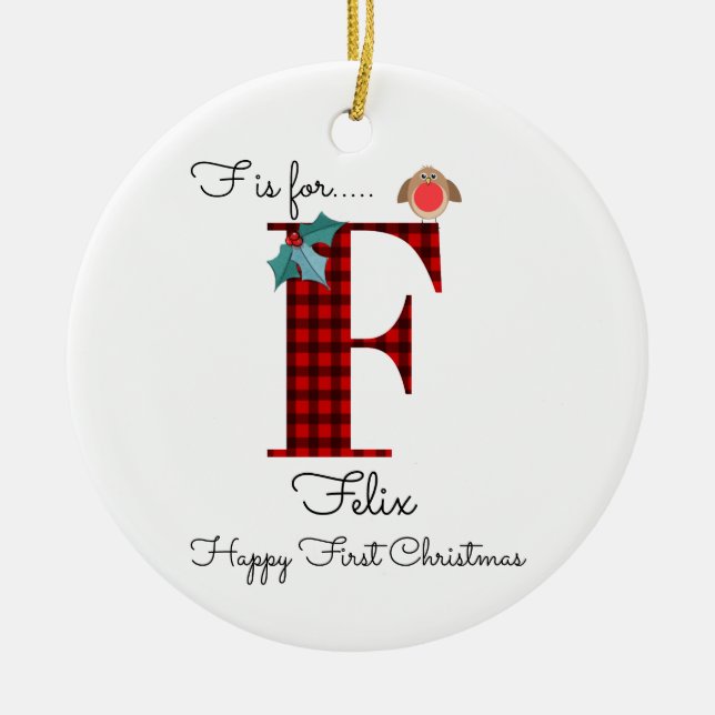 Happy first Christmas F lumberjack robin tree Ceramic Tree Decoration (Front)