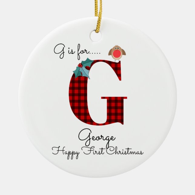 Happy first Christmas G lumberjack robin tree Ceramic Tree Decoration (Front)