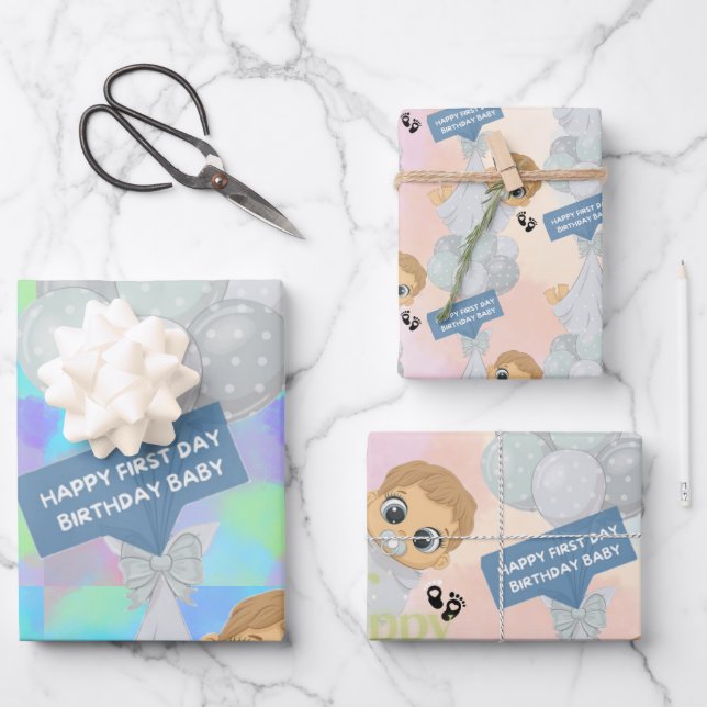 Happy First Day Birthday Wrapping Paper Sheet (Front)