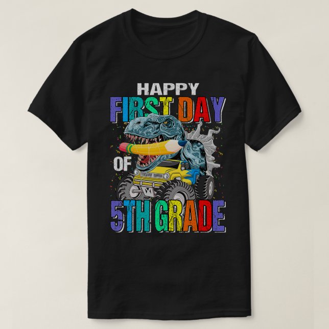 Happy First Day Of 5th Grade Monster Truck Dinosau T-Shirt (Design Front)