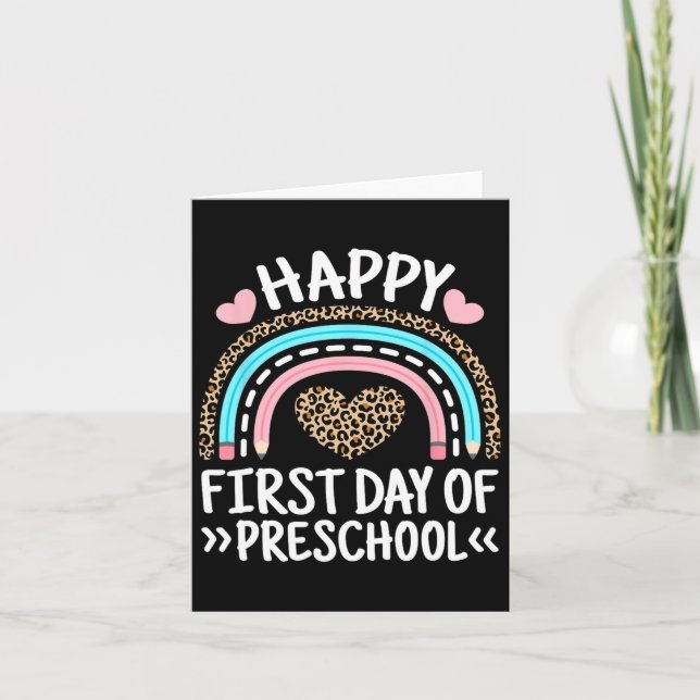 Happy First Day Of Preschool Leopard Rainbow Teach Card (Front)