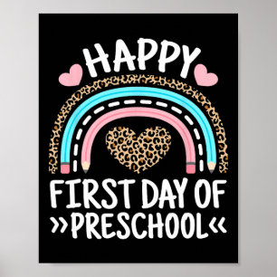Happy First Day Of Preschool Leopard Rainbow Teach Poster