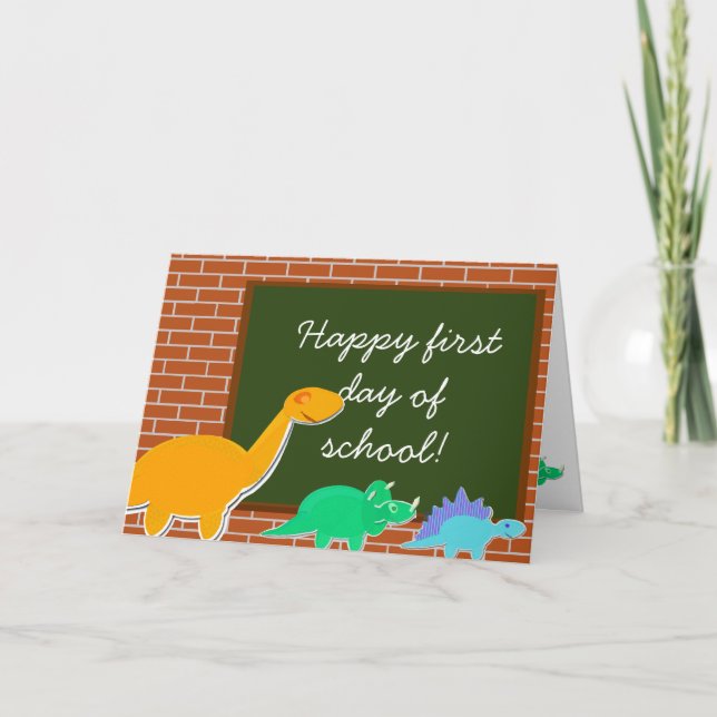 Happy First Day of School Cartoon Dinosaurs Card (Front)