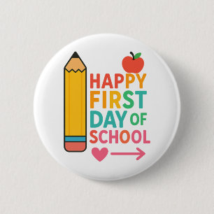 Happy First Day of School Colorful Apple Pencil 6 Cm Round Badge