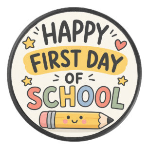 Happy First Day of School Cute Kawaii Pencil Hockey Puck