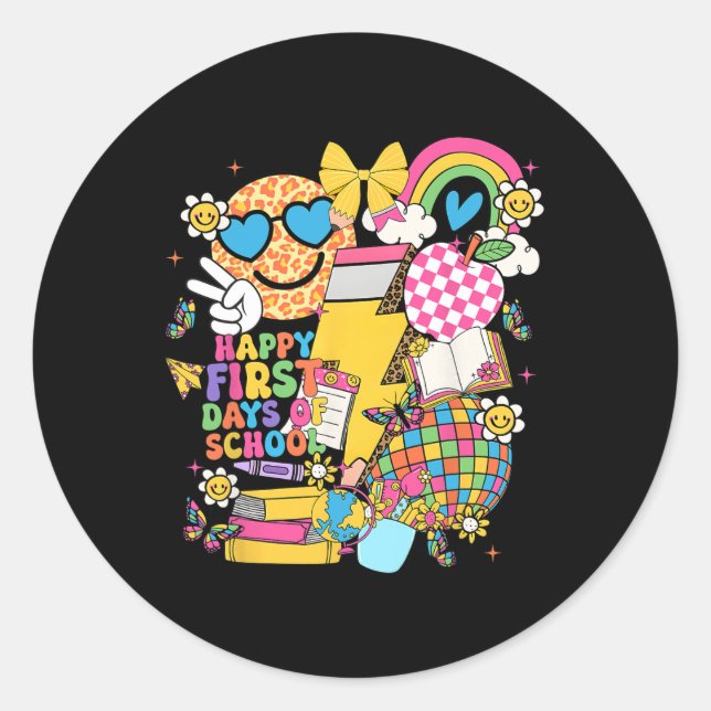 Happy First Day Of School Pencil Lightning Bolt Gr Classic Round Sticker (Front)