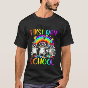 Happy First Day Of School Raccoons Rainbow Back To T-Shirt