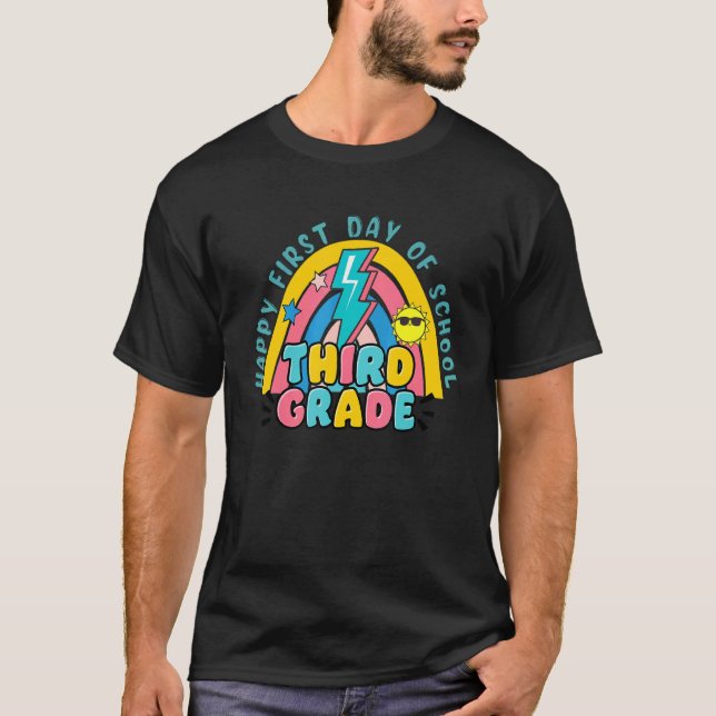 Happy First Day Of School Rainbow Hello Third Grad T-Shirt (Front)