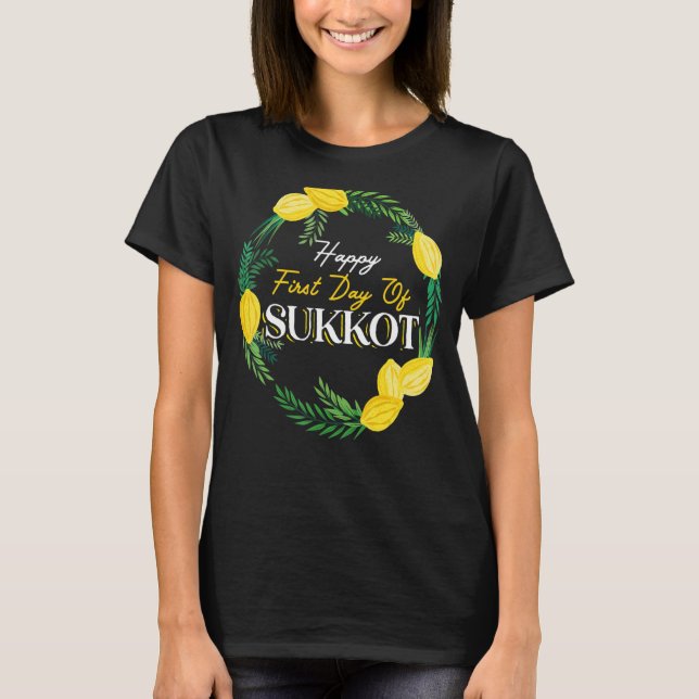 Happy First Day Of Sukkot Lulav Palm Tree Israelit T-Shirt (Front)