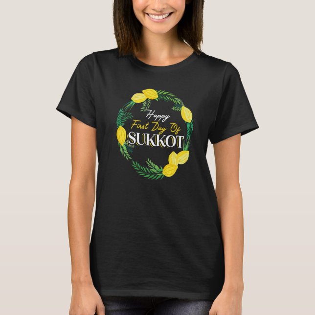 Happy First Day Of Sukkot Lulav Palm Tree Israelit T-Shirt (Front)