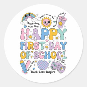Happy First Day School Shirt Groovy Rainbow Back T Classic Round Sticker