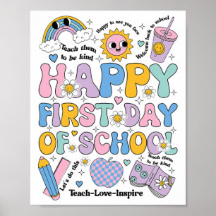 Happy First Day School Shirt Groovy Rainbow Back T Poster
