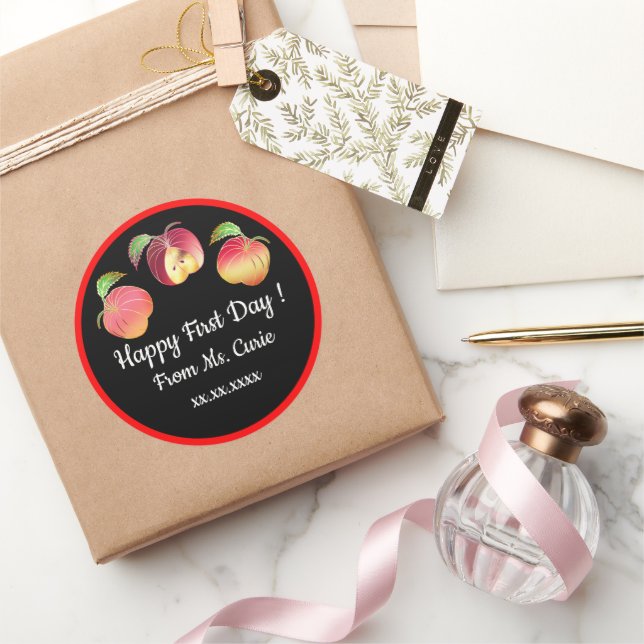 Happy First Day Whimsical Bouncing Apples Custom Classic Round Sticker (Gifting)