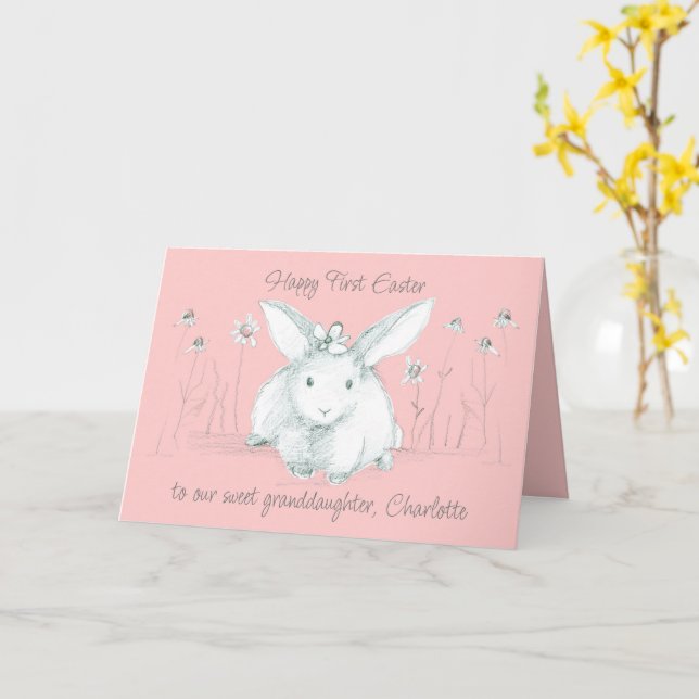 Happy First Easter Granddaughter White Rabbit Card (Yellow Flower)
