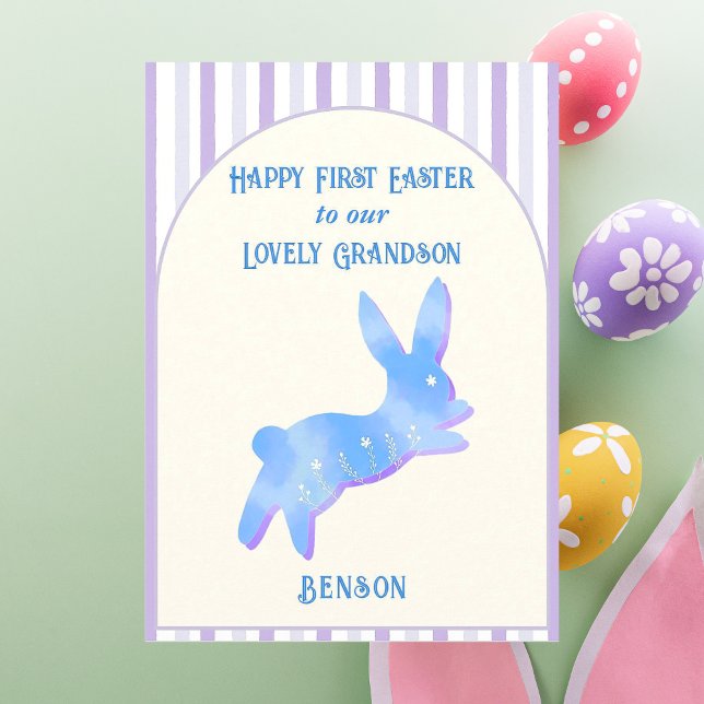 Happy First Easter Grandson Watercolor Blue Bunny  Holiday Card (This Happy First Easter Watercolor Blue Bunny Card will surely give your grandson a warm surprise! )