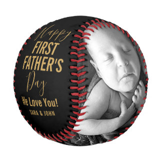 Happy First Father’s Day Black Gold 2 Photos Name Baseball