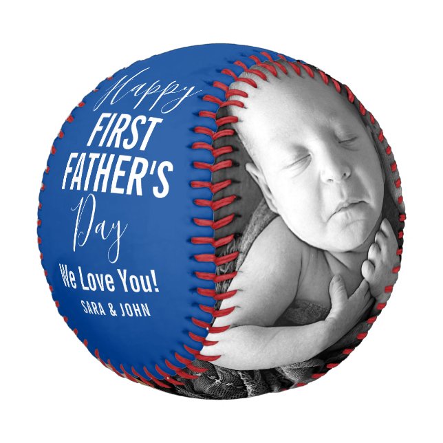 Happy First Father’s Day Blue Baby 2 Photos Name Baseball (Angled)