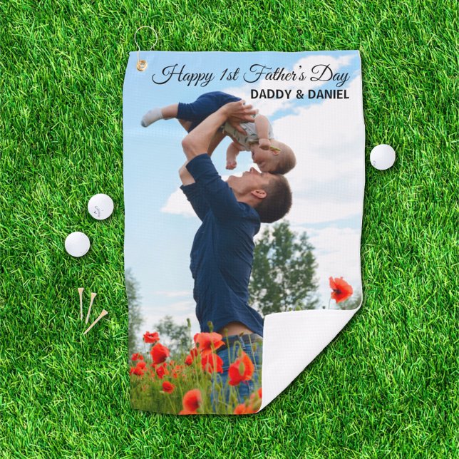 Happy First Father’s Day Custom Photo & Text Golf Towel (Creator Uploaded)
