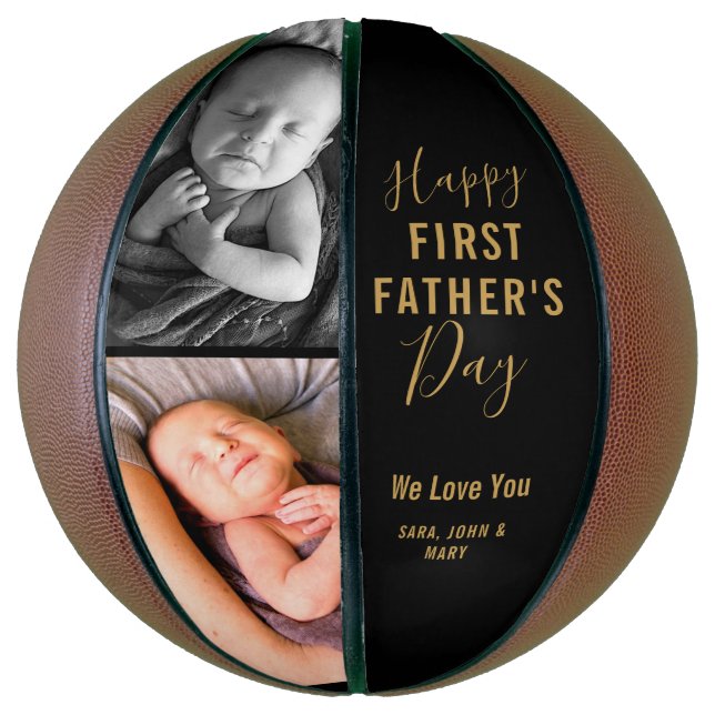 Happy First Father’s Day Modern Black 2 Photo Name Basketball (Vertical)