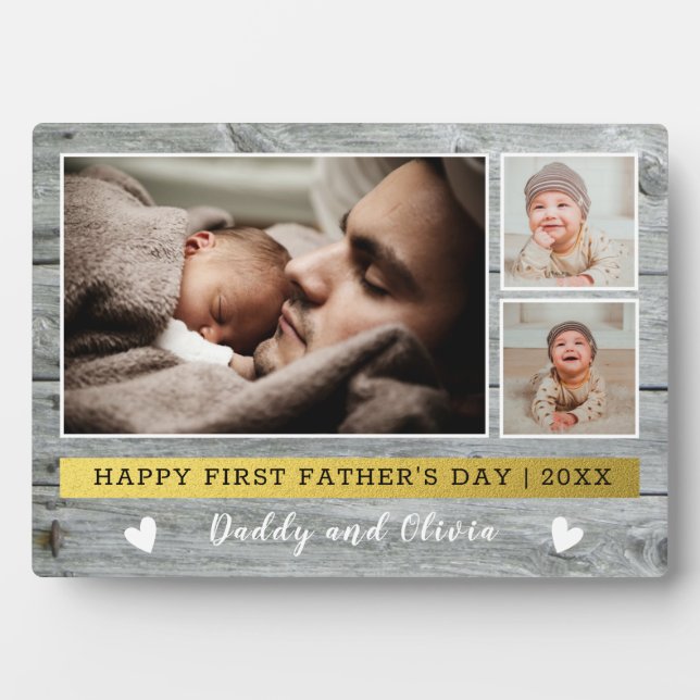 Happy First Father's Day 3 Photo Collage Grey Wood Plaque (Front)