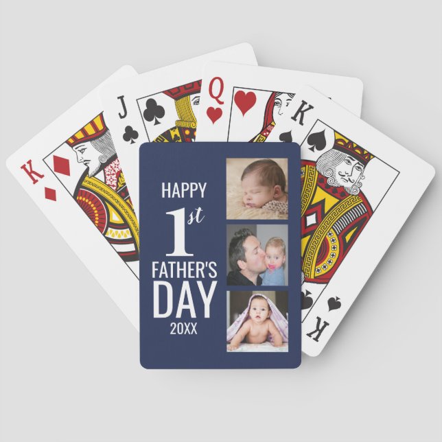 Happy First Father's Day 3 Photo Collage Navy Blue Playing Cards (Back)