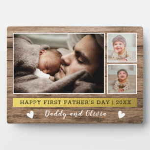 Happy First Father's Day 3 Photo Collage Wood Plaque
