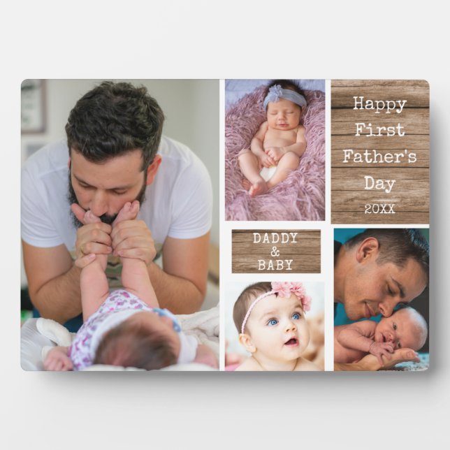  Happy First Father's Day 4 Photo Collage  Wood Plaque (Front)