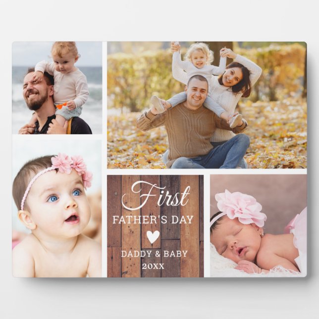 Happy First Father's Day 4 photo Collage Wood  Plaque (Front)