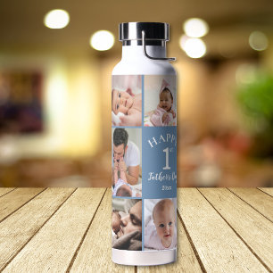Happy First Father's Day 5 Photo Collage Blue Water Bottle