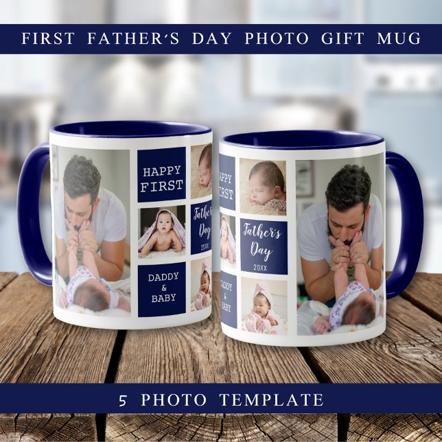 Happy First Father's Day 5 Photo Collage Navy Blue Mug (Happy First Father's Day 5 Photo Collage Navy Blue Mug
)