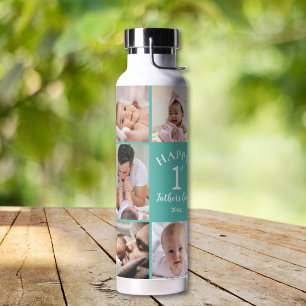 Happy First Father's Day 5 Photo Collage Teal Water Bottle