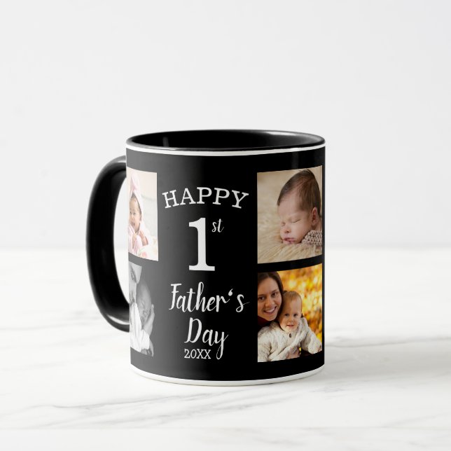 Happy First Father's Day 8 Photo Collage Black Mug (Front Left)
