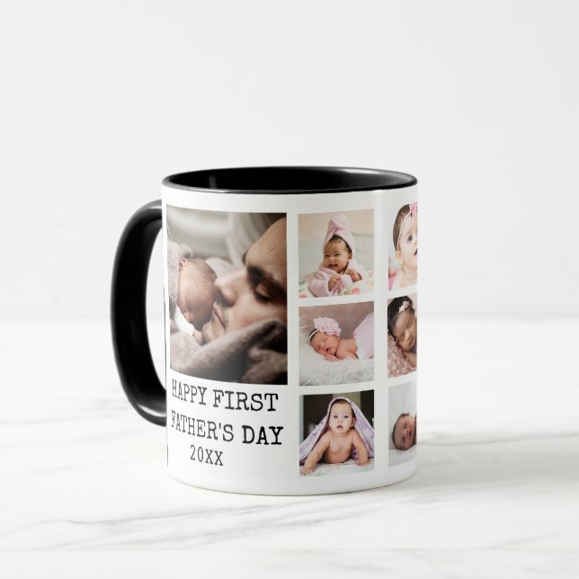 Happy First Father's Day 8 Photo Collage Black Mug (Front Left)
